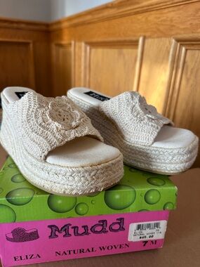 Mudd Eliza Natural Woven Crochet-Accent Platform Wedge Sandals | Size 7 | NEW